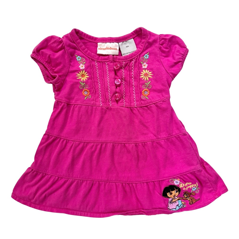 VTG Nickelodeon Dora the Explorer Tiered Dress 12M Pink Puppy Embroidered